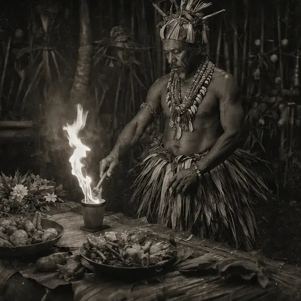 The keeper of the flame preparing the first ceremonial drink