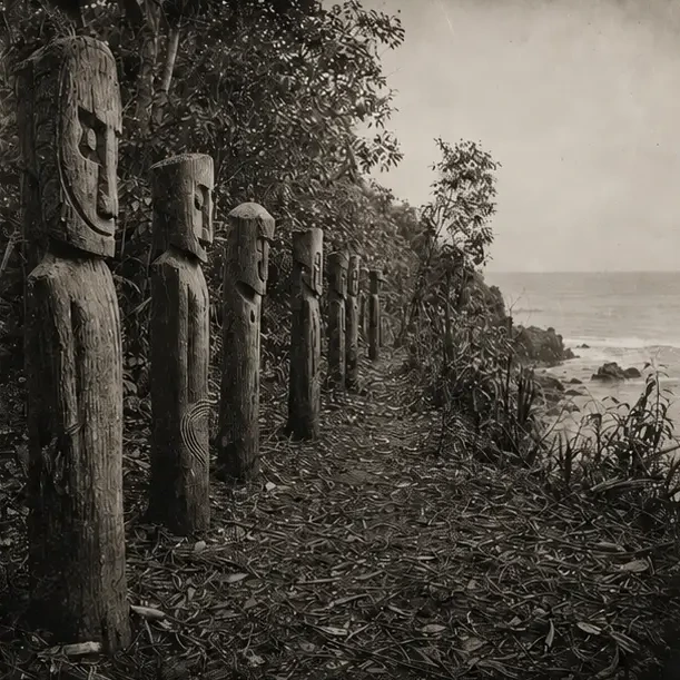 Carved guardians facing the sea along the abandoned trail