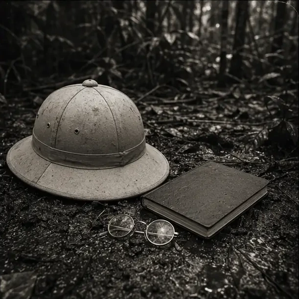 Sir Prescott’s helmet, notebook and spectacles beside the jungle line