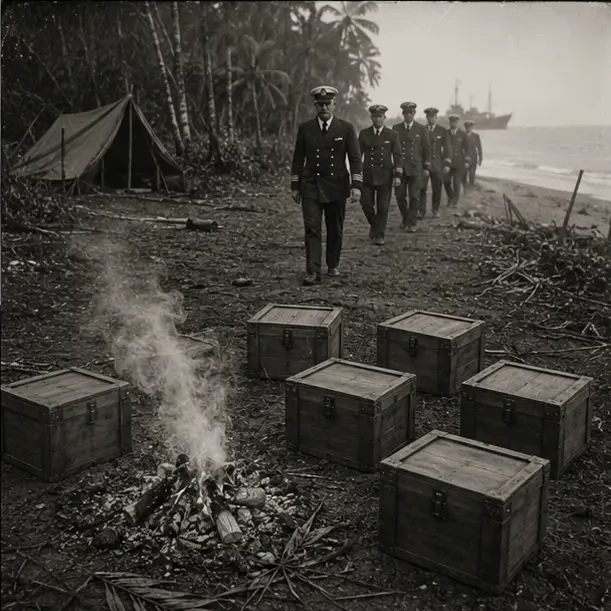 Naval party finding warm ashes and six sealed crates