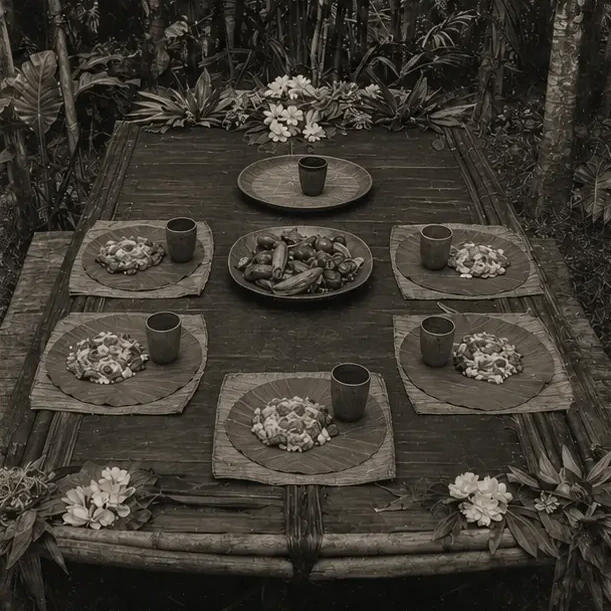 Five explorers seated around a ritual table with an untouched sixth cup and plate