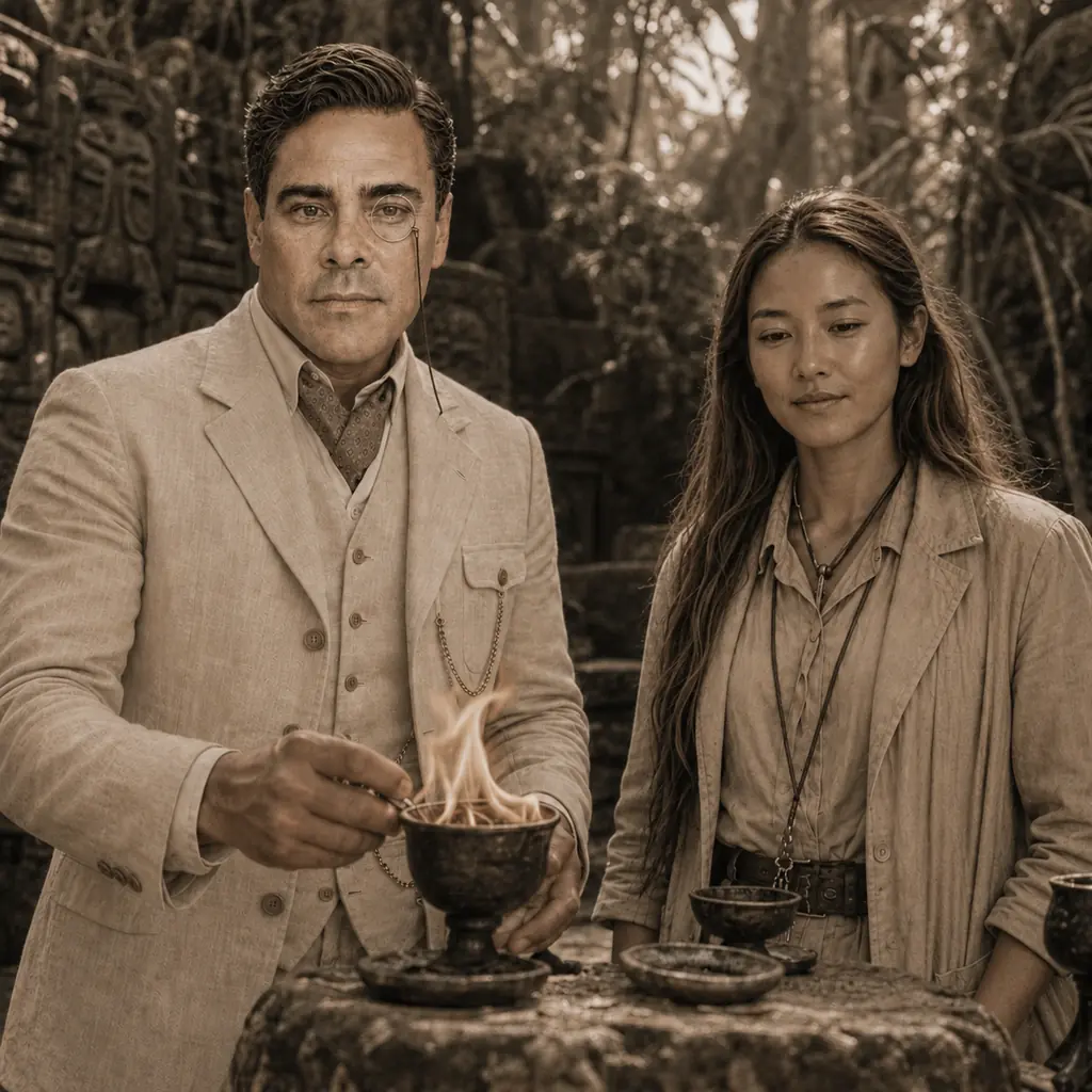 Sir Prescott Thorne in his ivory expedition suit preparing a flaming cup with Dr. Morozova beside him