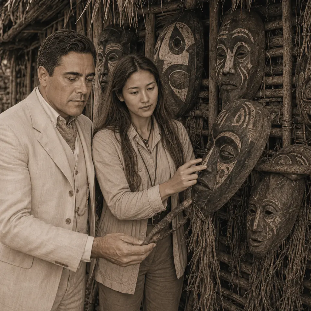 The Collector’s Wall: Thorne and Morozova documenting a wall of carved masks.