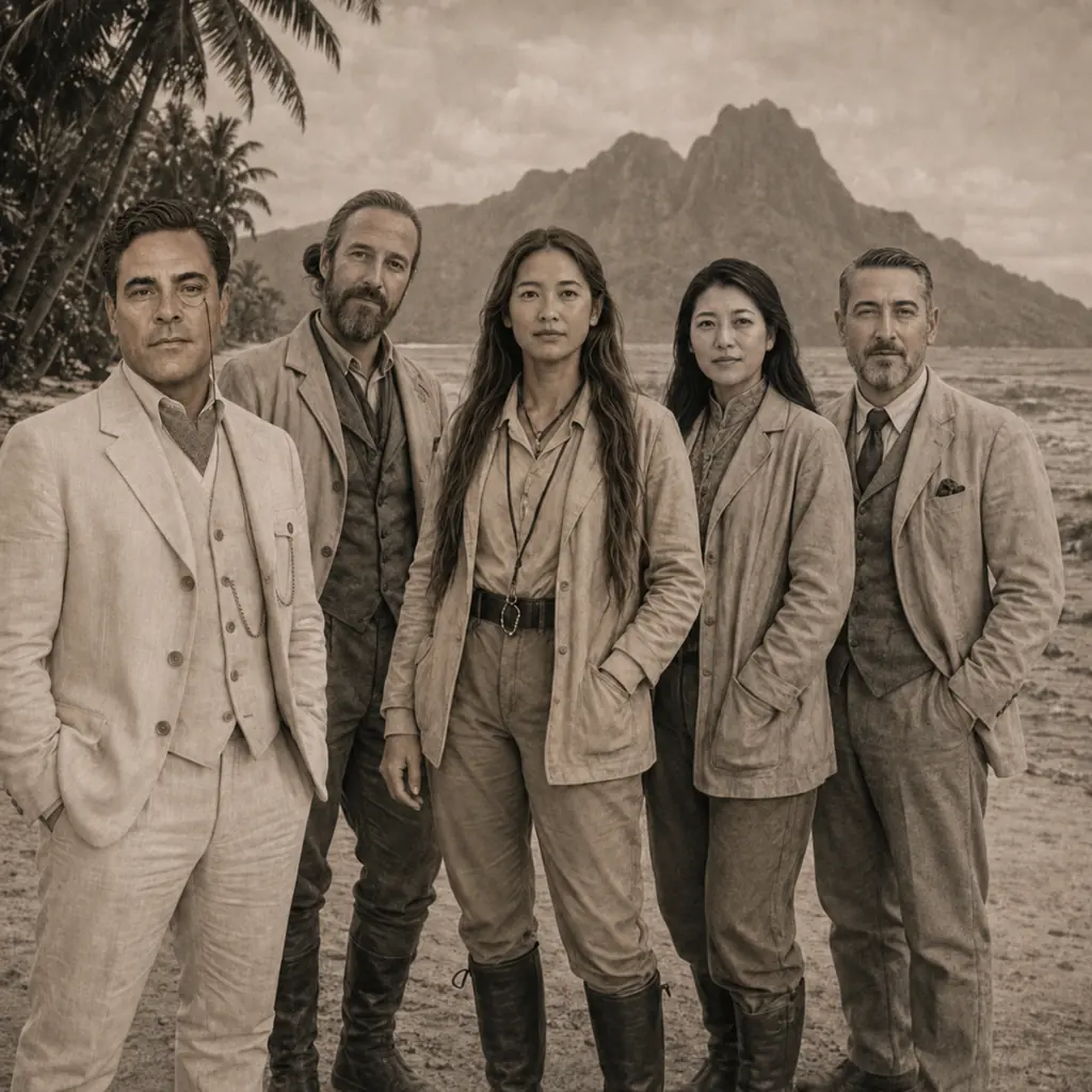 The Expedition Party: A posed black-and-white field photograph of Thorne, Vale, Morozova, Sokolov and Lady May Lin before entering the jungle.