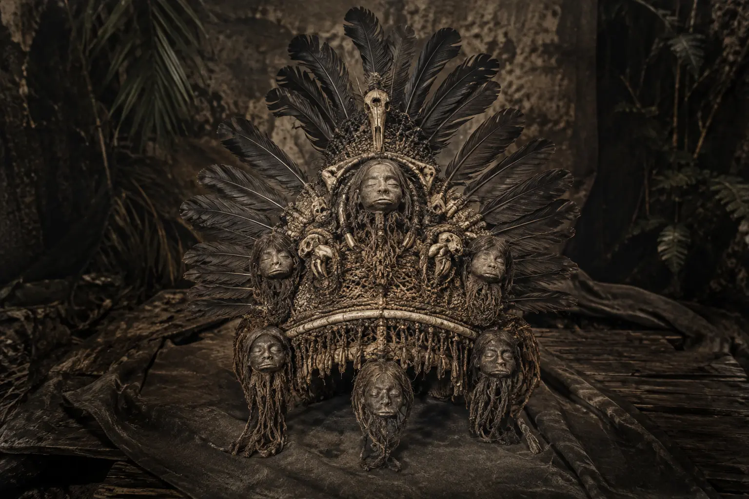 Ceremonial headdress adorned with bones and shrunken-head effigies