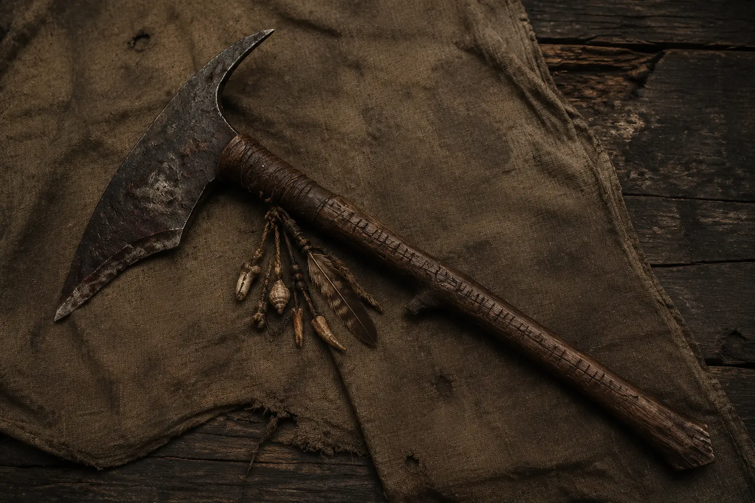 Heavily worn ceremonial headhunter axe with tally notches and war charms