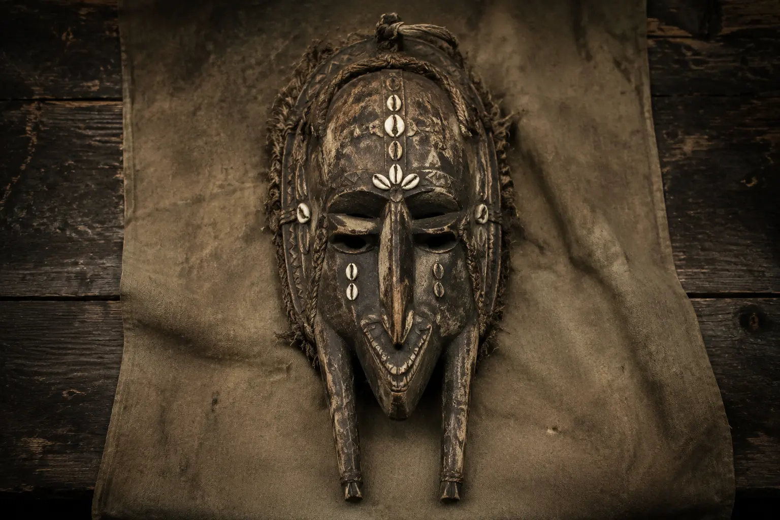 Locally carved wooden headhunter mask