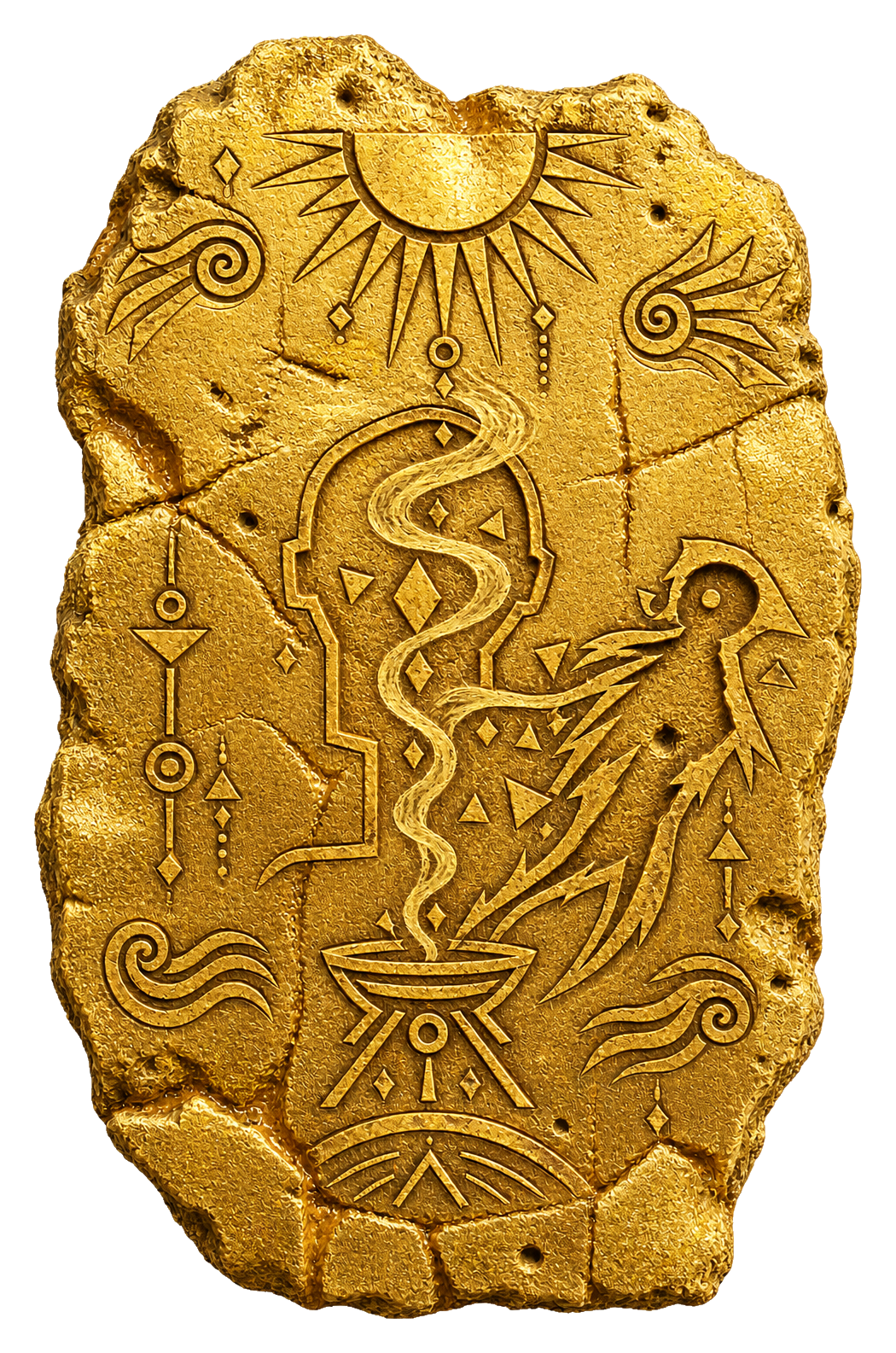Ancient gold tablet showing an inverted sun, smokeless ritual fire and a folded shadow