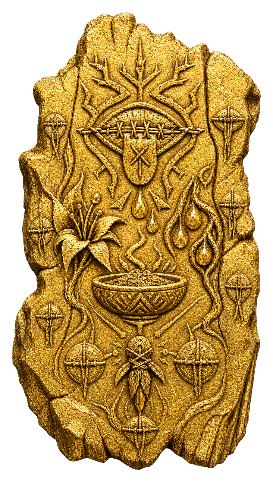 Gold ritual tablet with an offering bowl, bound-tongue charm, nocturnal flower and sewn-mouth symbols