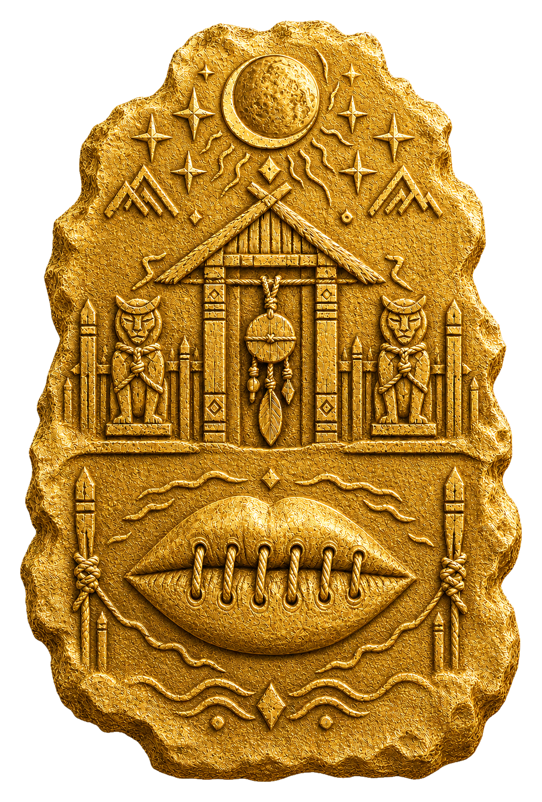 Final gold tablet with a hanging effigy, six binding stitches, sewn-mouth symbols and threshold guardians