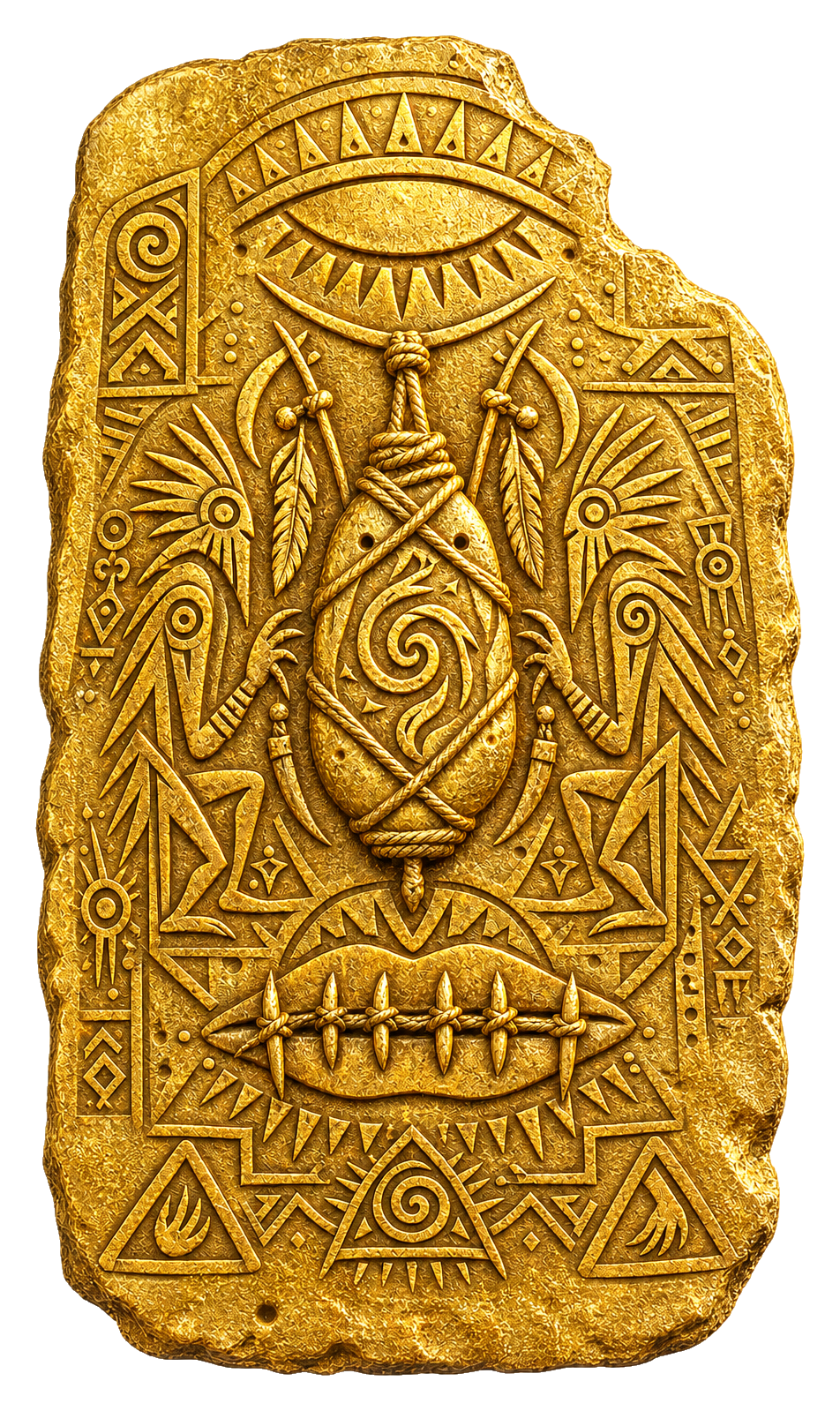 Chipped gold tablet with a sealed mouth, binding thread, spirit charm and warning figures