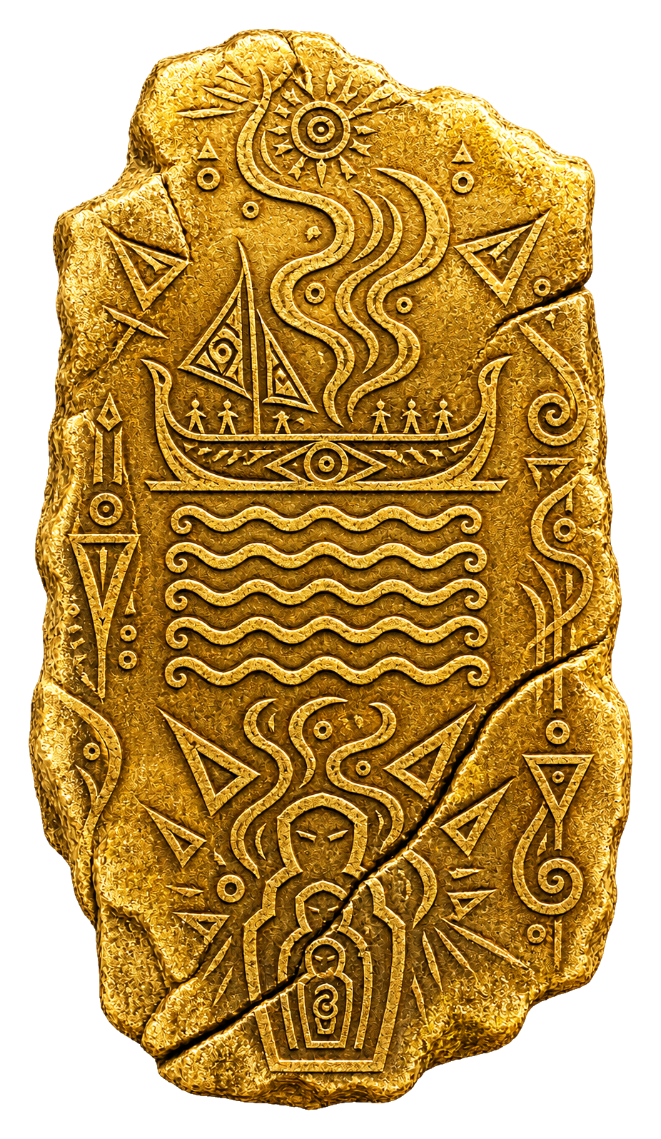 Cracked gold tablet with seven waves, smoke and nested abstract effigy symbols