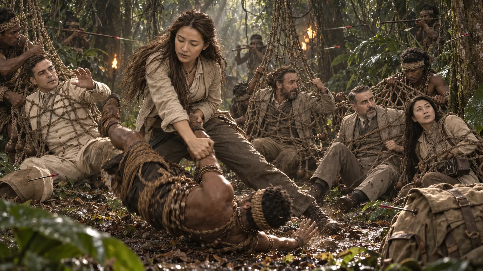 The coordinated Marokai ambush overwhelming the five explorers in the jungle