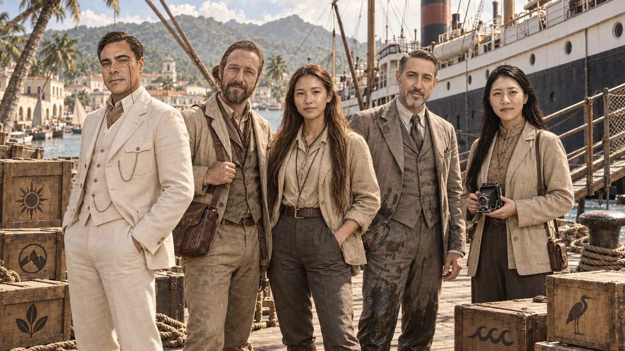 The five explorers assembling beside their ship at Port Célestine in September 1926
