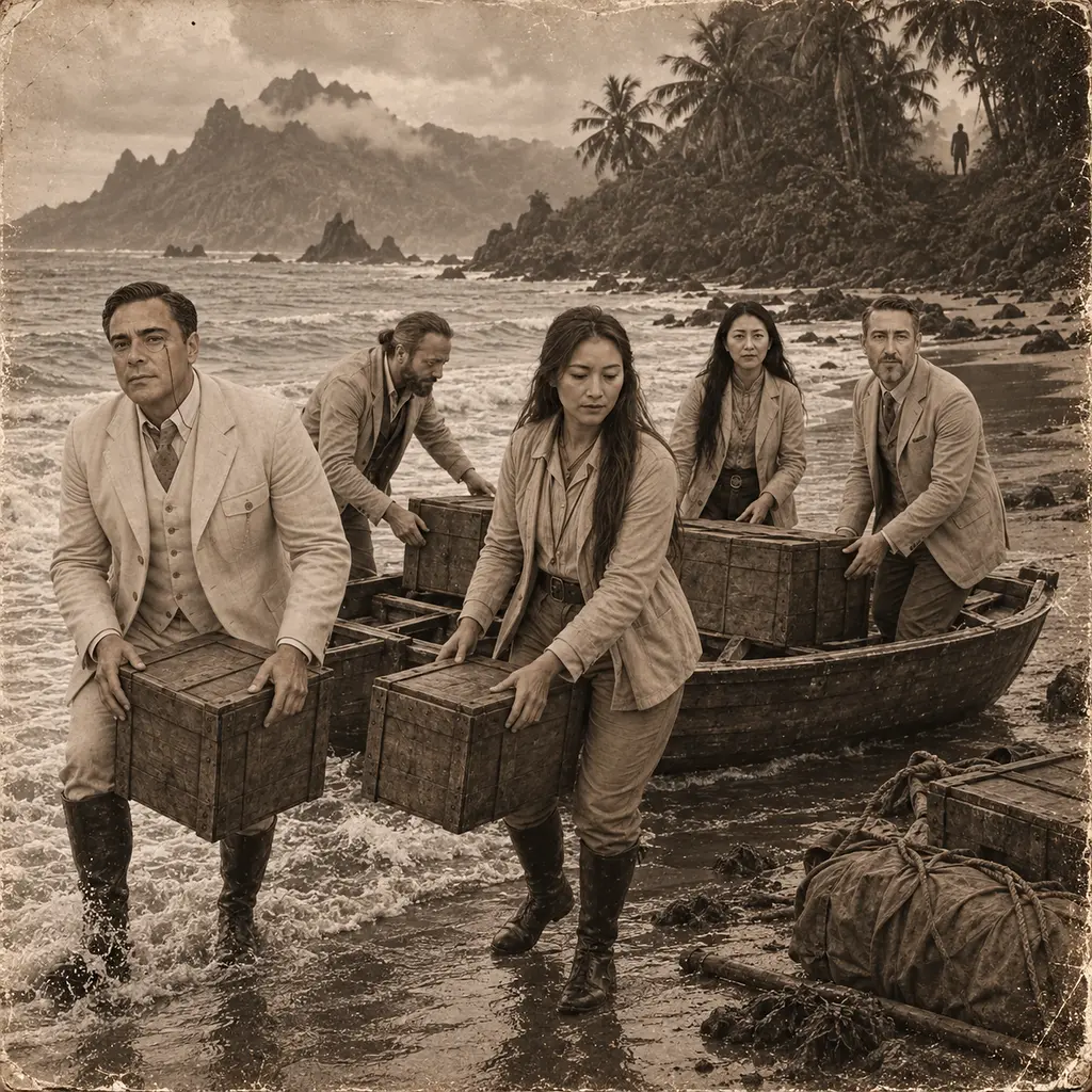 Lady May Lin’s landing photograph showing the five explorers and an impossible sixth figure