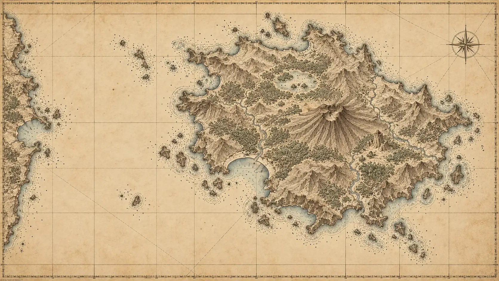 Aged expedition chart showing the voyage from a distant continental harbor to an unrecorded Pacific island